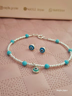 Set Collar, Pulsera y Aretes Plata 950 con Turquesa Natural y Ojo Turco